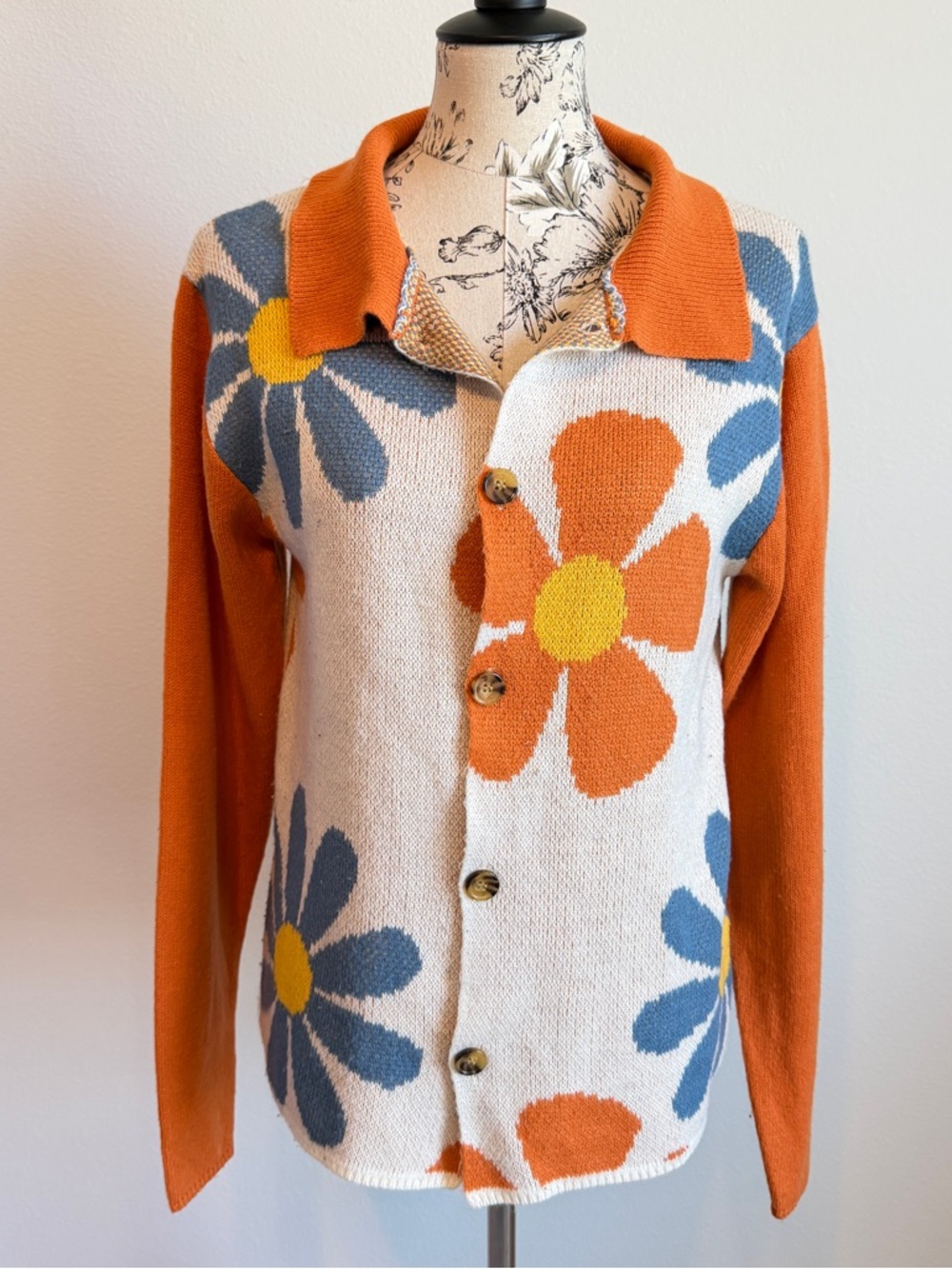 Retro Floral Button-Front Cardigan in Orange and Cream
